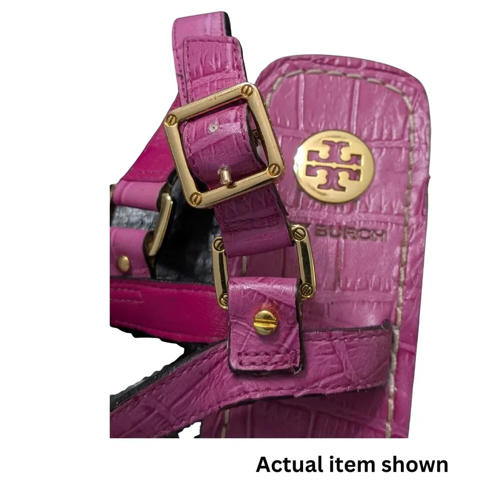 💖 Tory Burch Hot Pink Croc Embossed Leather Strappy Sandal 7.5
